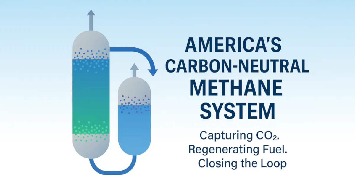 Diagram illustrating the General American carbon-capture system that captures CO₂ from methane combustion and converts it into carbon-neutral synthetic natural gas across a nationwide fuel network