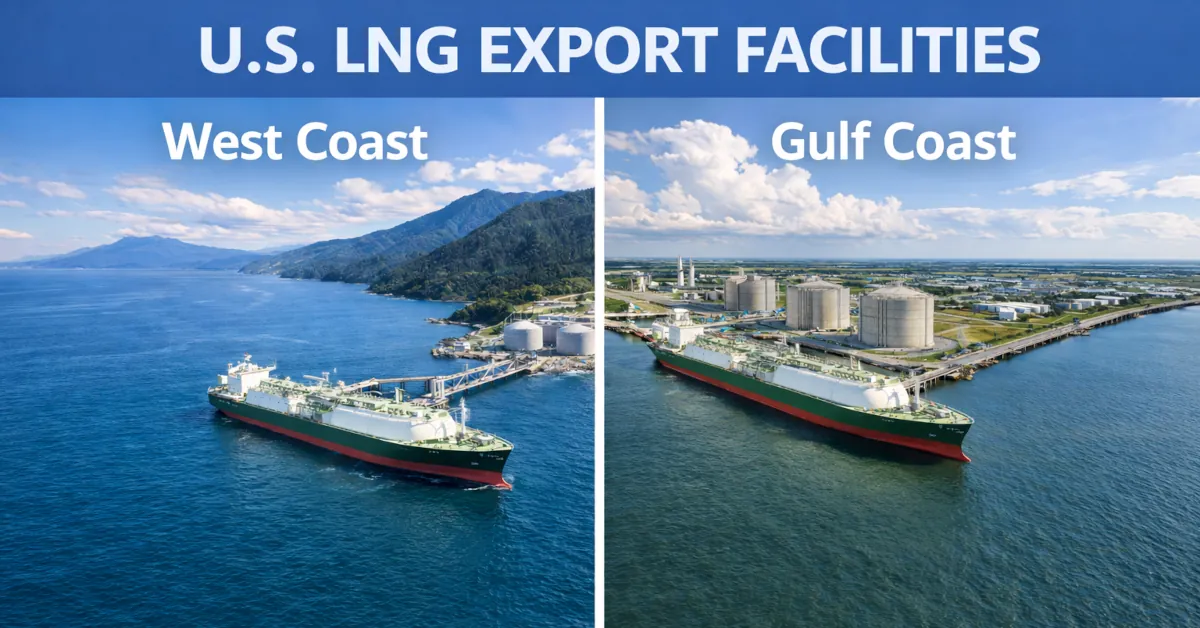 U.S. LNG export facilities on the West Coast and Gulf Coast with LNG carriers